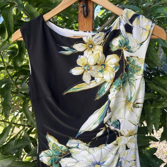 Lauren Ralph Lauren Size Sheath Dress Floral Ruched Stretch Black Sleeveless 2 - Picture 2 of 11